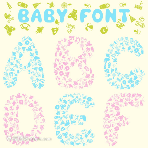 嬰兒用品組成的英文字母